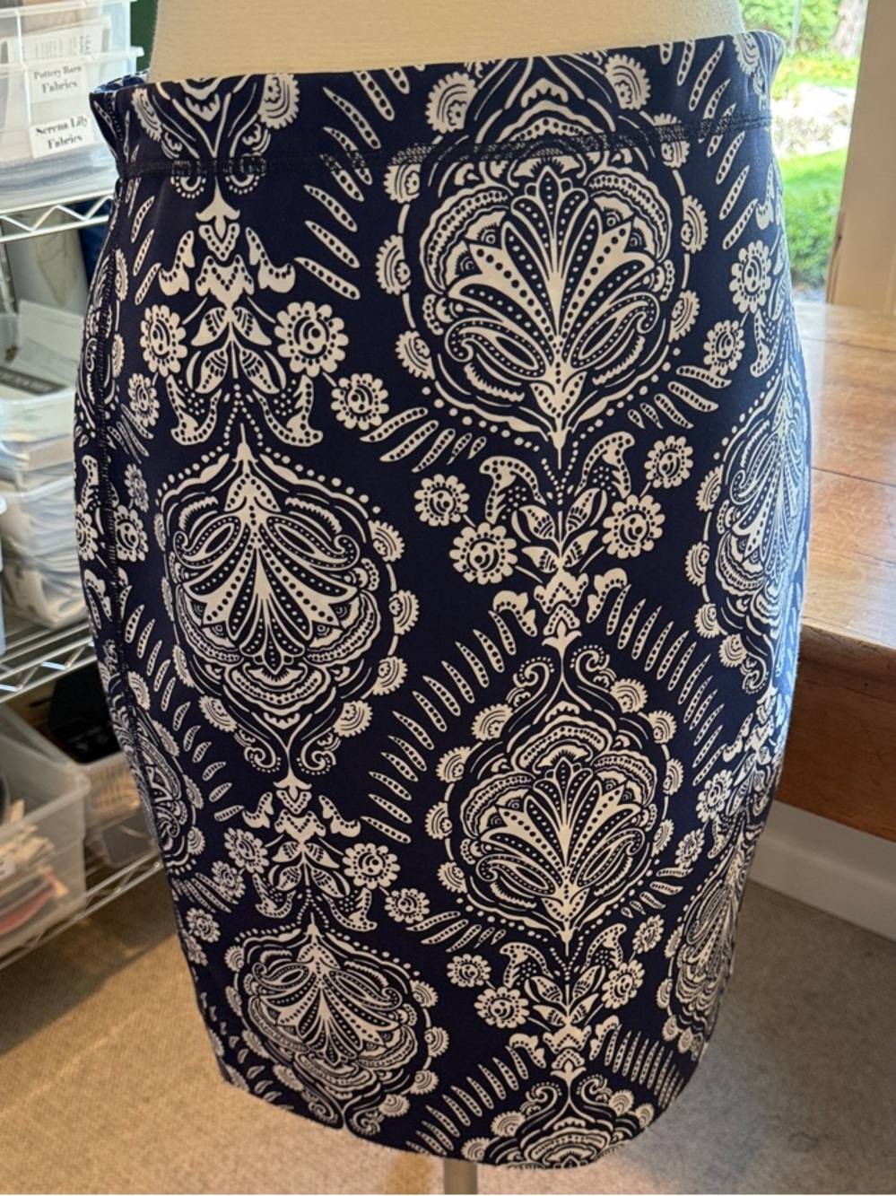 Navy and White Paisley Pencil Skirt - Classic Tailored Look